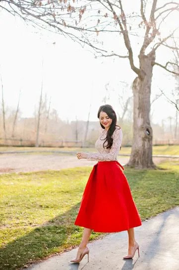 White Lace Blouse with Red Midi Taffeta Flared Skirt