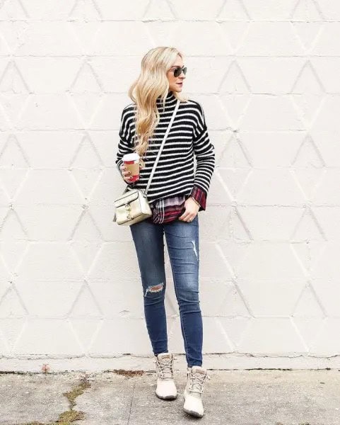 Black and White Striped Long Sleeve T Shirt with White Duck Boots