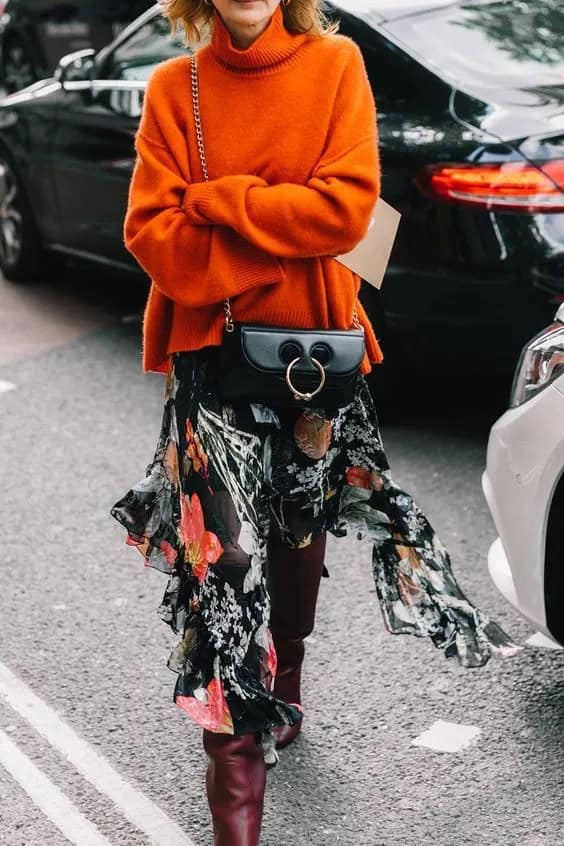 Floral Skirt and Red Sweater