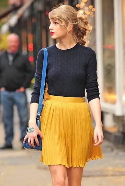 Yellow Pleaded Mini Skirt with Black Sweater