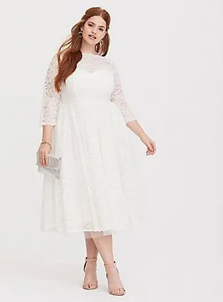 Three-Quarter Sleeve Plus Size White Lace Midi Dress