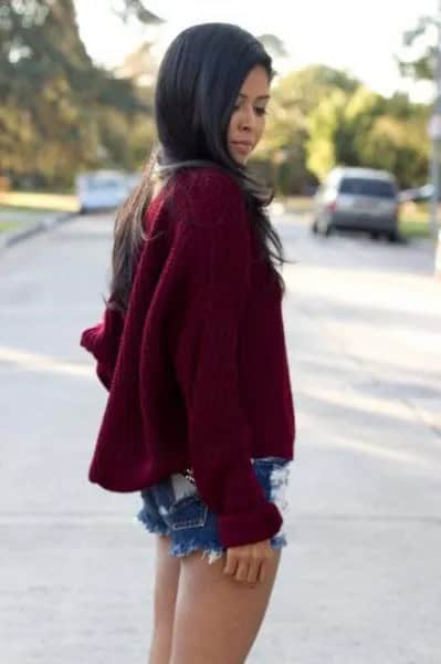 Burgundy Oversized Knit Sweater with Ripped Denim Shorts