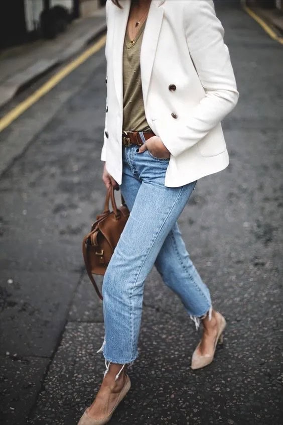 White Blazer & Beige Suede Heels