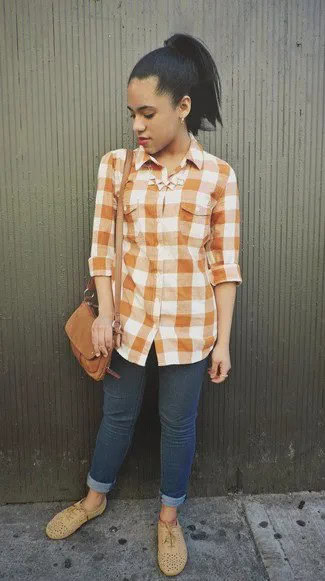 Green and White Plaid Shirt with Dark Blue Cuffed Skinny Jeans & Suede Oxford Shoes