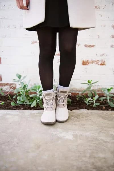 White Long Wool Coat with Black Stockings & White Duck Boots