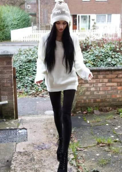 Oversized Sweater with White Knit Hat & Leggings