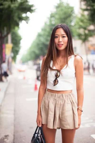 White Cropped Vest Top with Pale Pink Flared Mini Shorts