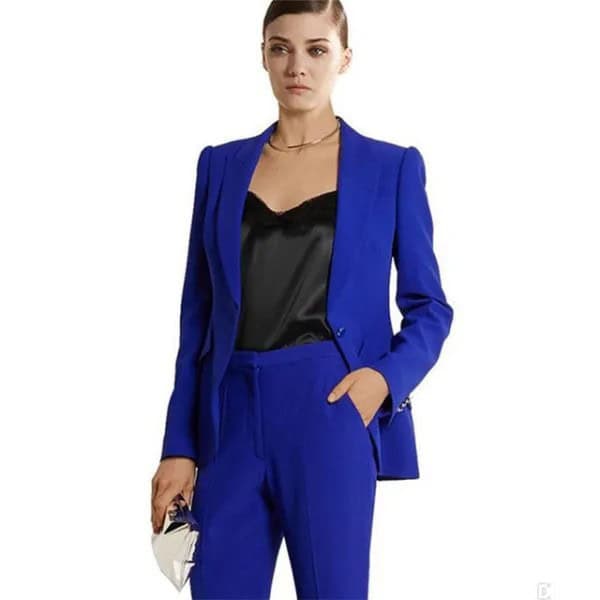 Royal Blue Suit with Black Low Cut Silk Blouse