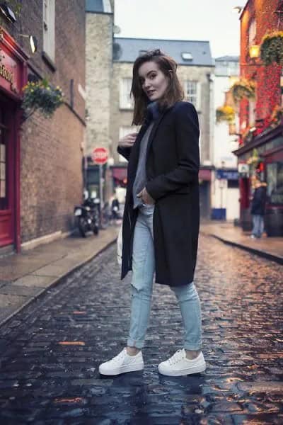 Black Longline Wool Coat with Grey Turtleneck Sweater & White Shoes