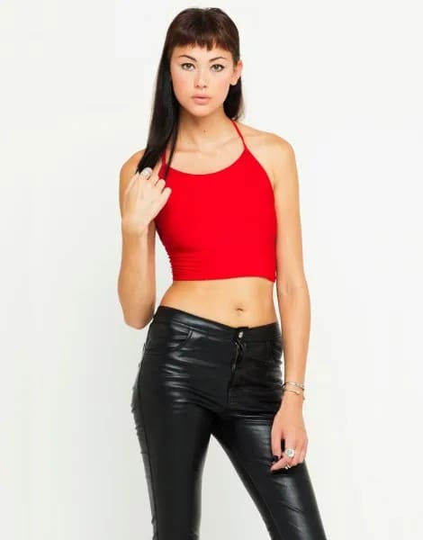 Red Crop Top with Black Leather Pants