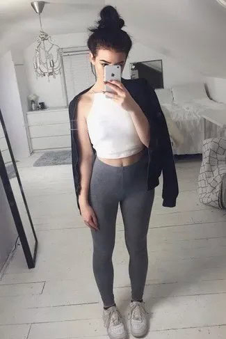 White Crop Top with Black Leather Jacket & Grey Leggings