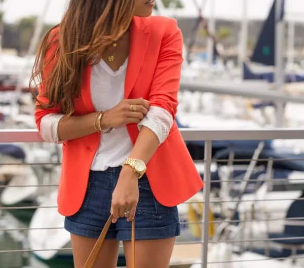 Orange Fitted Blazer with White V Neck Tee & Navy Blue Mini Shorts