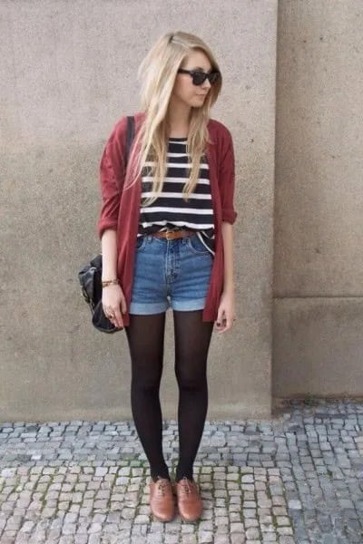 Black and White Striped Tee with Green Cardigan & Denim Shorts