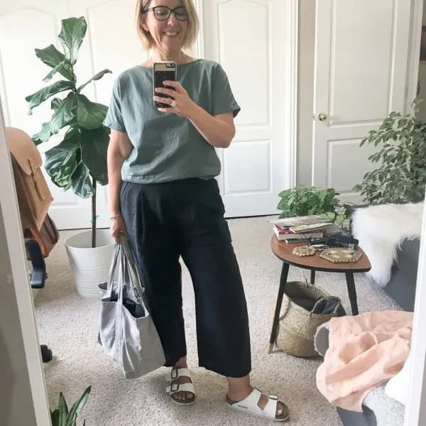 Grey T Shirt with Black Linen Wide Leg Pants