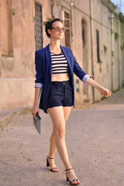 Black and White Striped Crop Top with Navy Blue Blazer & Matching Scalloped Hem Shorts