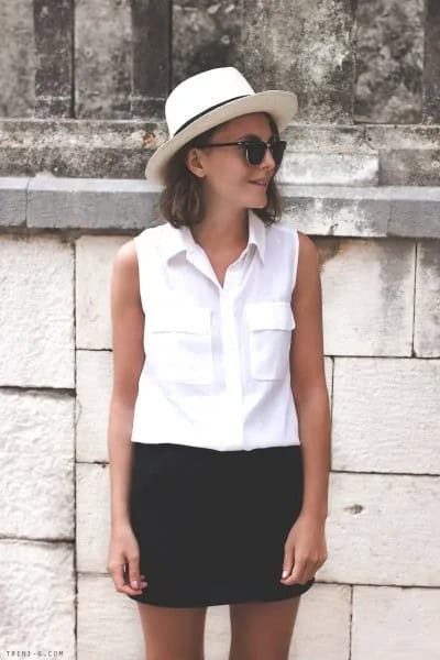 White Sleeveless Shirt with Front Pocket Details