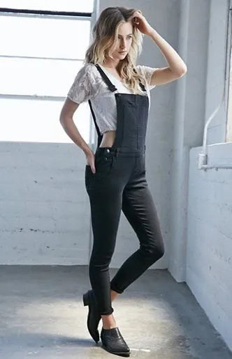 White Cropped T Shirt with Black Skinny Overalls