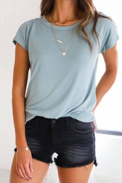 Light Teal Blue T Shirt with Black Washed Mini Shorts