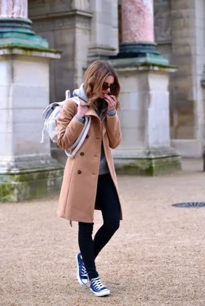 Fleece Coat with Black Skinny Jeans & High Top Sneakers