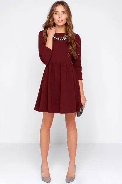 Dark Burgundy Fit and Flare Three-Quarter Sleeve Mini Dress with Grey Heels