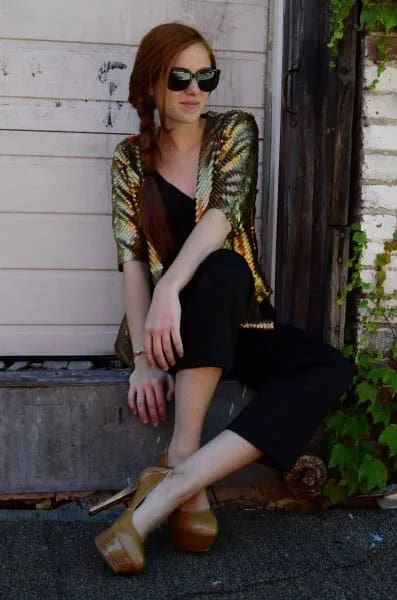 Gold Sequin Jacket with Black V Neck Vest Top & Matching Cropped Pants