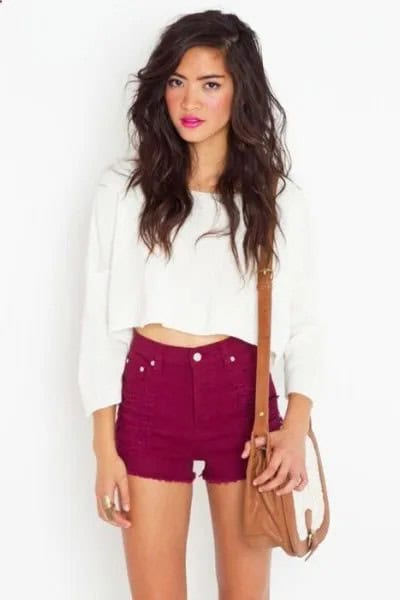 White Long Sleeve Crop Top with Burgundy Shorts