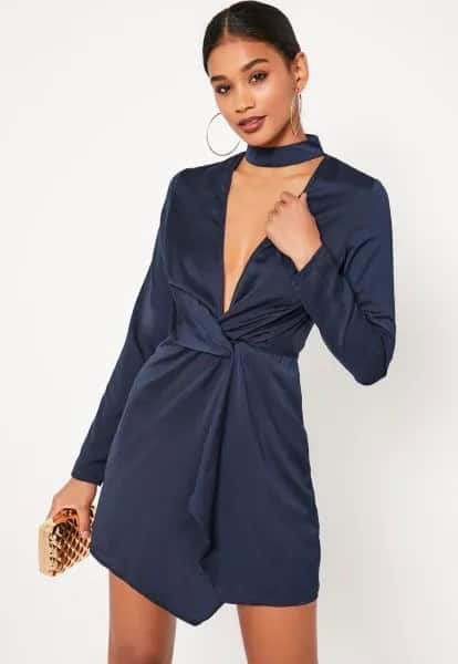 Navy Long Sleeve Satin Wrap Dress with Choker