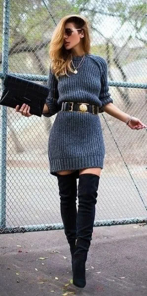 Grey Belted Sweater Dress with Black Suede Thigh High Pull On Boots