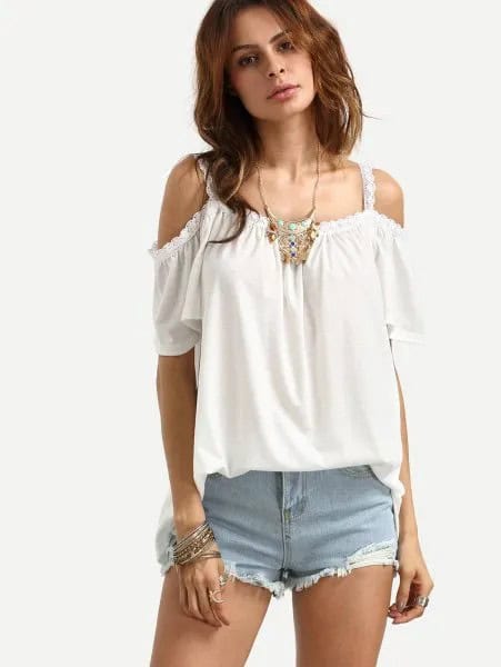 White Cold Shoulder Top with Light Blue Mini Denim Shorts