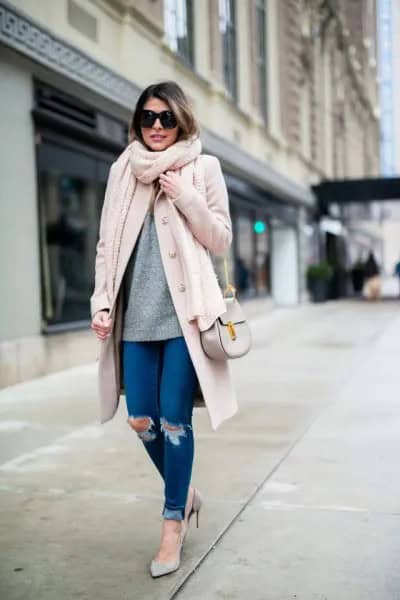 White Longline Wool Coat with Blue Cuffed Ripped Skinny Jeans