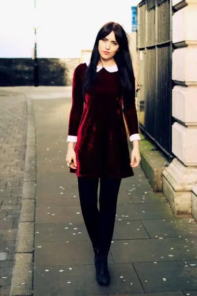 White Collar Burgundy Skater Dress