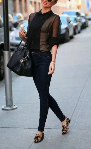 Black Mesh Blouse with High Rise Jeans & Tassel Loafers