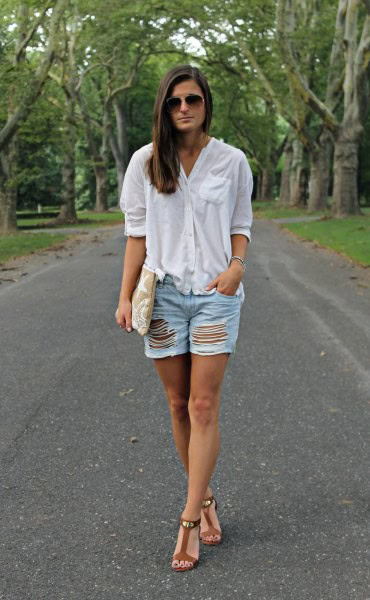 White Oversized Linen Shirt with Ripped Denim Shorts