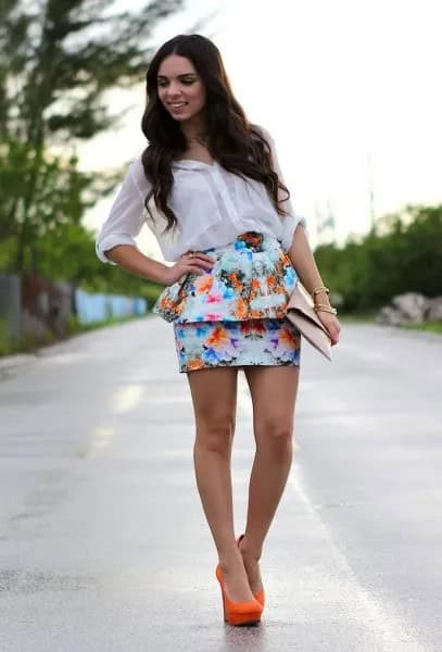 White Chiffon Shirt with Floral Mini Skirt