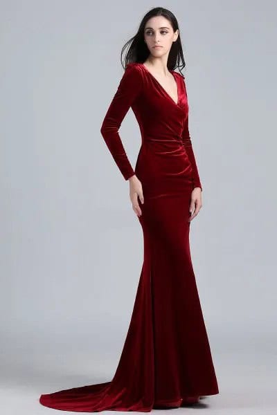 Red Mermaid Velvet V Neck Dress