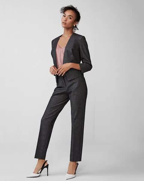 Slim Fit Suit with Striped V Neck Top & White Heels