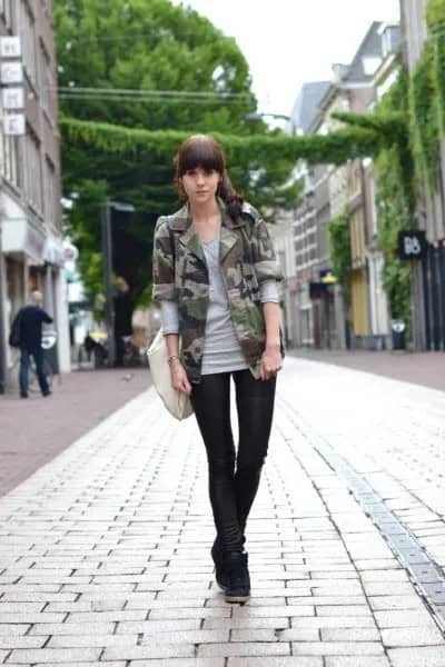 Grey Three-Quarter Sleeve Tee with Camo Blazer