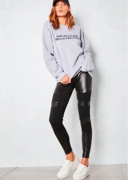 Grey Crew Neck Sweatshirt with Black Leather Leggings