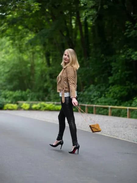 Brown Leather Jacket with Black Skinny Biker Pants