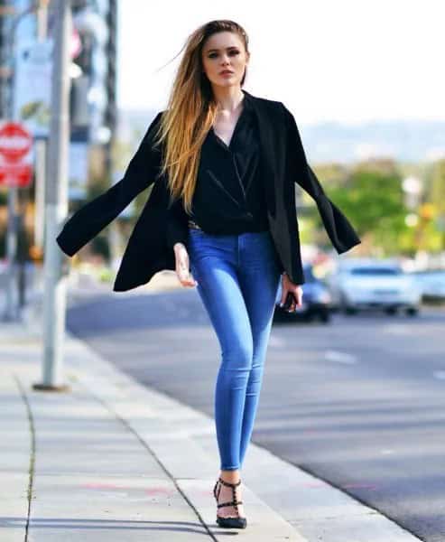 Black Velvet Draped Top with Blazer