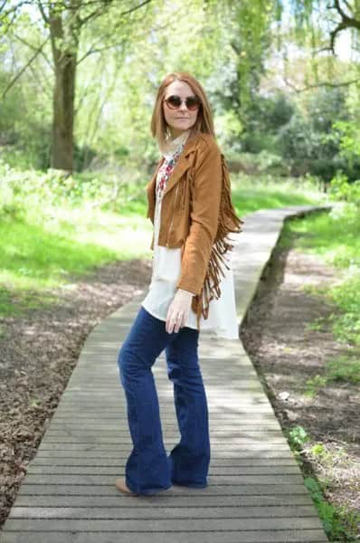 Short Brown Fringe Jacket with White Chiffon Shift Dress