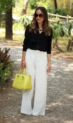 Black Button Up Shirt with White Pants & Lemon Yellow Leather Purse