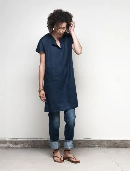 Dark Blue Denim Long Tunic with Cuffed Jeans