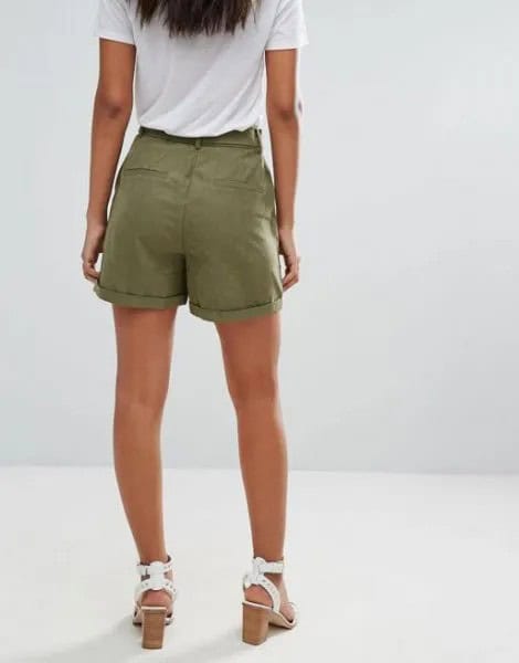 White T Shirt with Green Cargo Shorts & Heeled Sandals