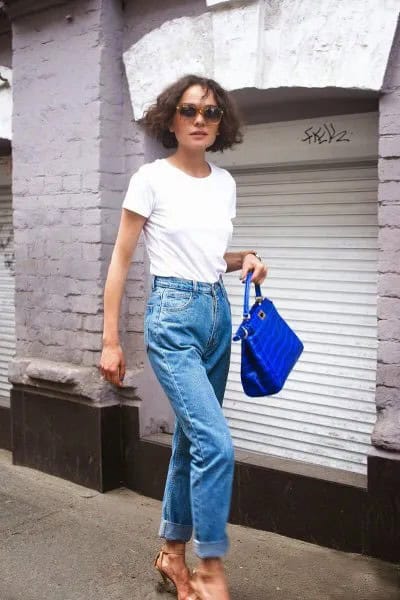 White Tee with Mom Jeans & Blue Purse