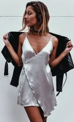 Silver Satin Wrap Mini Dress with Black Leather Jacket