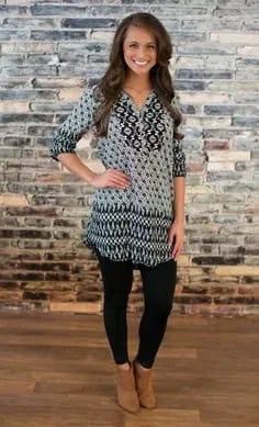 Black and Grey Tribal Printed Tunic Blouse with Camel Ankle Boots