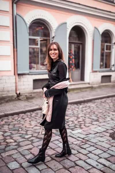 Black Leather Dress with Ankle Boots & Striped Tights