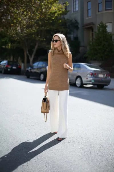 Crepe Turtleneck Tunic Sweater with White Wide Leg Pants