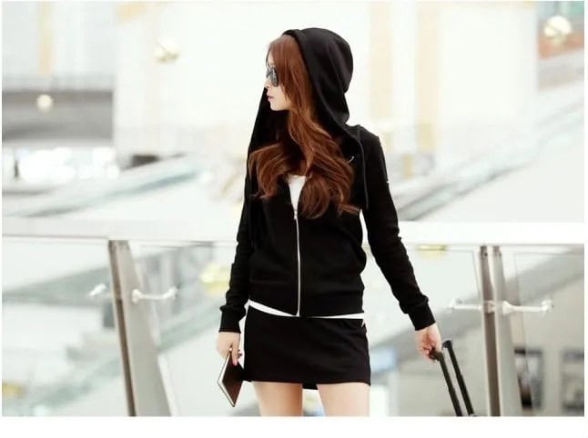 Black Zip Up Hoodie with Mini Matching Skirt